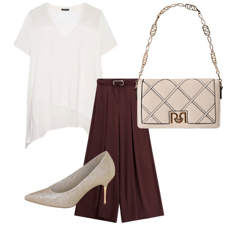 Outfit donna - Un appuntamento estivo. Stile Casual per Tutti i giorni. Abbinamento con borse a tracolla, décolleté, pantaloni, bluse.