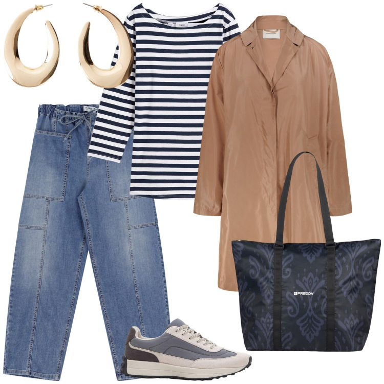 Outfit donna - Bantoa saldi. per Tutti i giorni. Abbinamento con maglieria, orecchini, sneakers, jeans, shopping bag, trench.