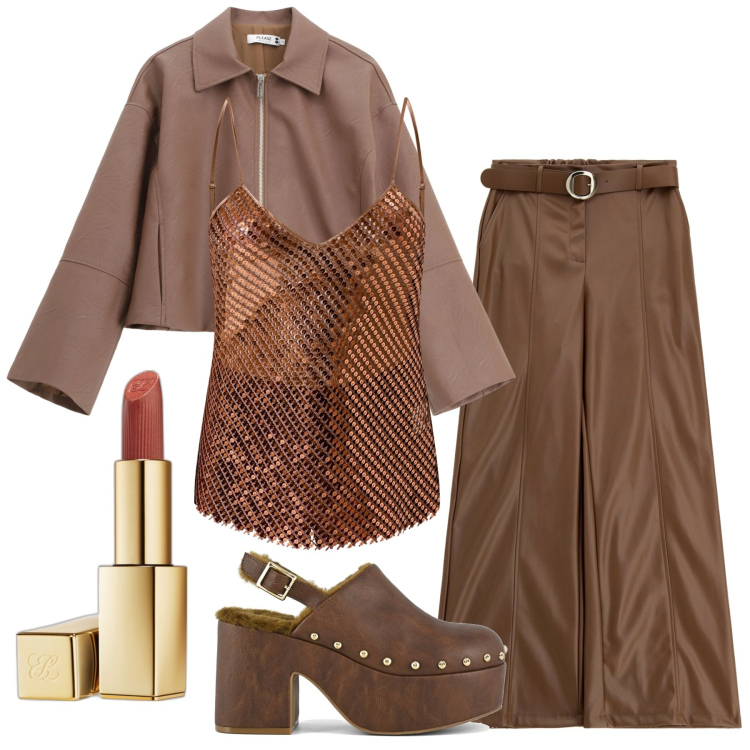 Outfit donna - Marrone & C.. Stile Chic per Tutti i giorni. Abbinamento con rossetti, canottiere, blazer, pantaloni, sabot.