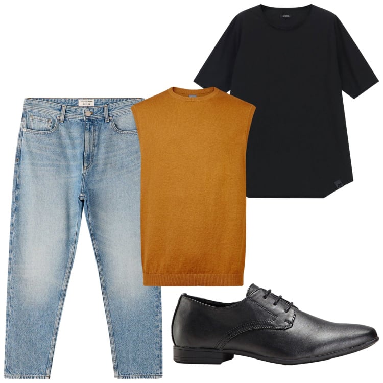 Outfit uomo - Il gilet e i jeans. Stile Casual per Tutti i giorni. Abbinamento con scarpe stringate, jeans dritti, t-shirt, gilet.