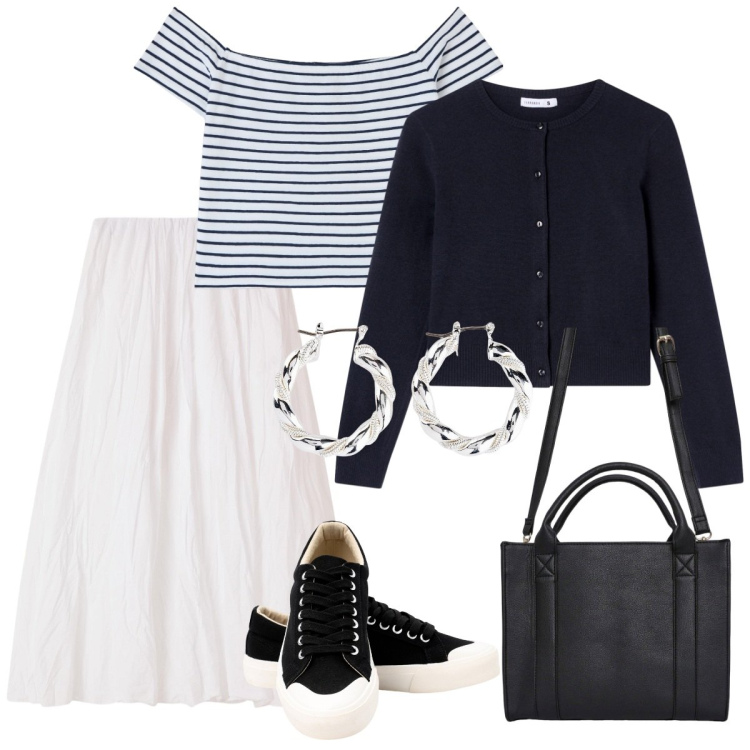 Outfit donna - Righe e Ruota: Minimal con Carattere. Stile Casual chic per Ufficio. Abbinamento con orecchini, t-shirt, gonne lunghe, cardigans, borse tote, sneakers.
