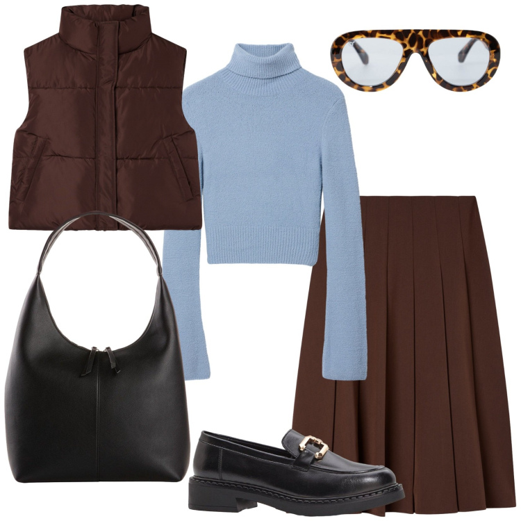 Outfit donna - Settembre al top. Stile Trendy per Tutti i giorni. Abbinamento con shopping bag, mocassini, gonne lunghe, piumini, maglieria, occhiali da sole.