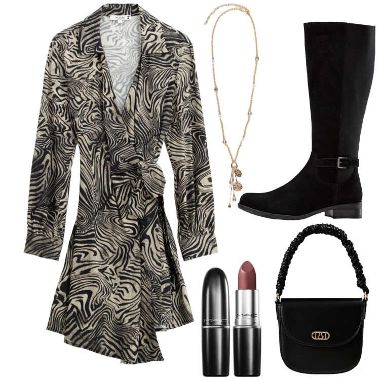 Outfit donna - Annodata ed intrigante. Stile Trendy per Serata fuori. Abbinamento con stivali, rossetti, borse a mano, vestiti corti, ciondoli.