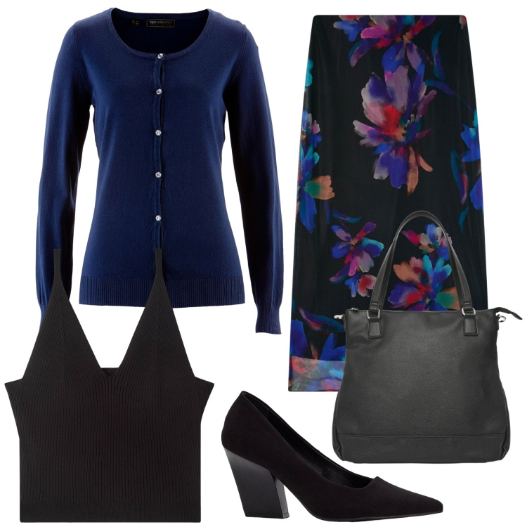 Outfit donna - Fiori blu. Stile Romantica per Tutti i giorni. Abbinamento con décolleté, cardigans, gonne lunghe, top, shopping bag.