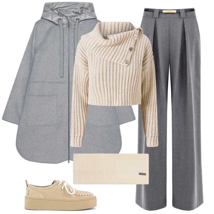 Outfit donna - Grigio di tendenza. Stile Minimal per Tutti i giorni. Abbinamento con pantaloni a palazzo, maglieria, accessori per capelli, mocassini, trench.