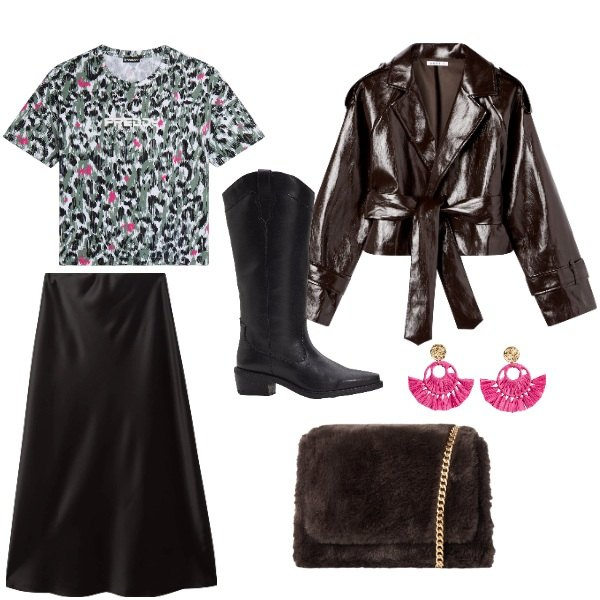 Outfit donna - Autunno in città-09. Stile Trendy per Serata fuori. Abbinamento con orecchini, stivali, gonne lunghe, borse a tracolla, giacche, t-shirt.