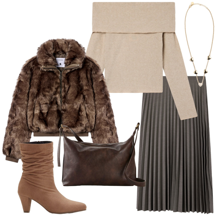 Outfit donna - Total look #2253657. Stile Glamour per Serata fuori. Abbinamento con stivaletti, borse a tracolla, gonne lunghe, maglieria, ecopellicce, collane.