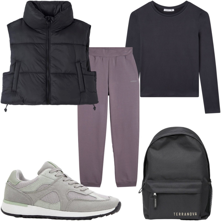 Outfit donna - Total look #2253659. Stile Casual per Tutti i giorni. Abbinamento con sneakers, zaini, t-shirt, piumini, pantaloni.