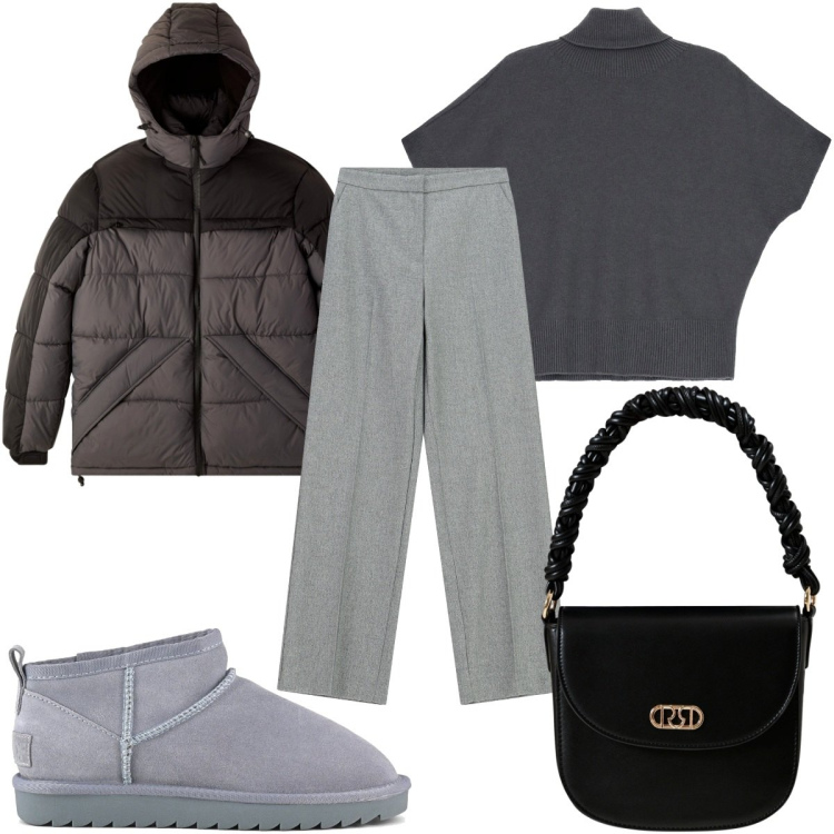 Outfit donna - Total look #2253660. Stile Trendy per Tutti i giorni. Abbinamento con bomber, borse a mano, maglieria, pantaloni a palazzo, stivali.