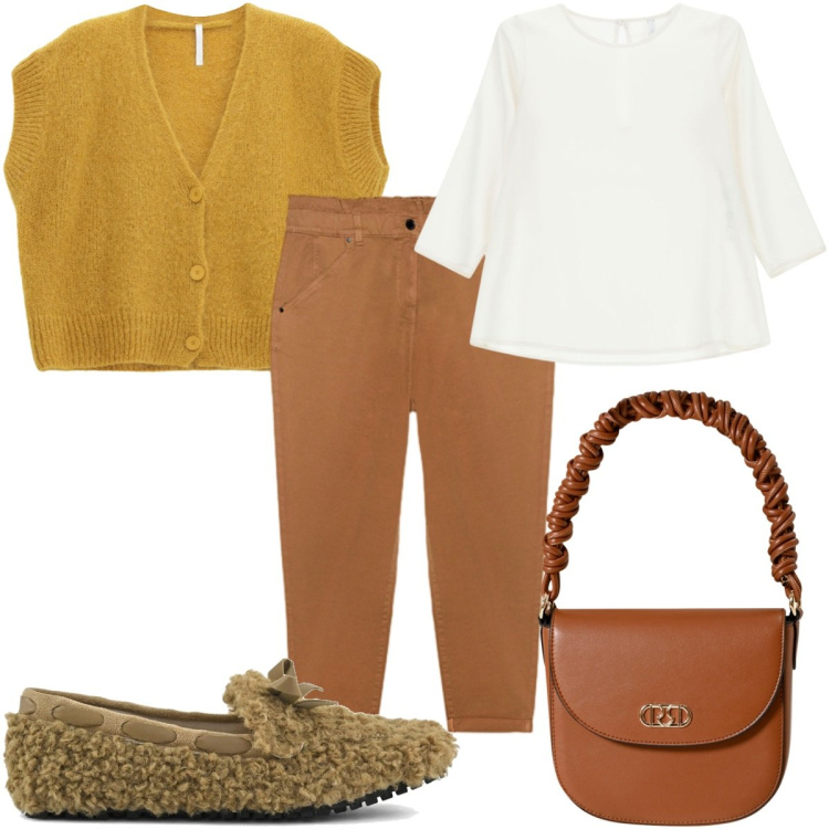 Outfit donna - Total look #2253663. Stile Trendy per Tutti i giorni. Abbinamento con borse a mano, bluse, cardigans, pantaloni, mocassini.