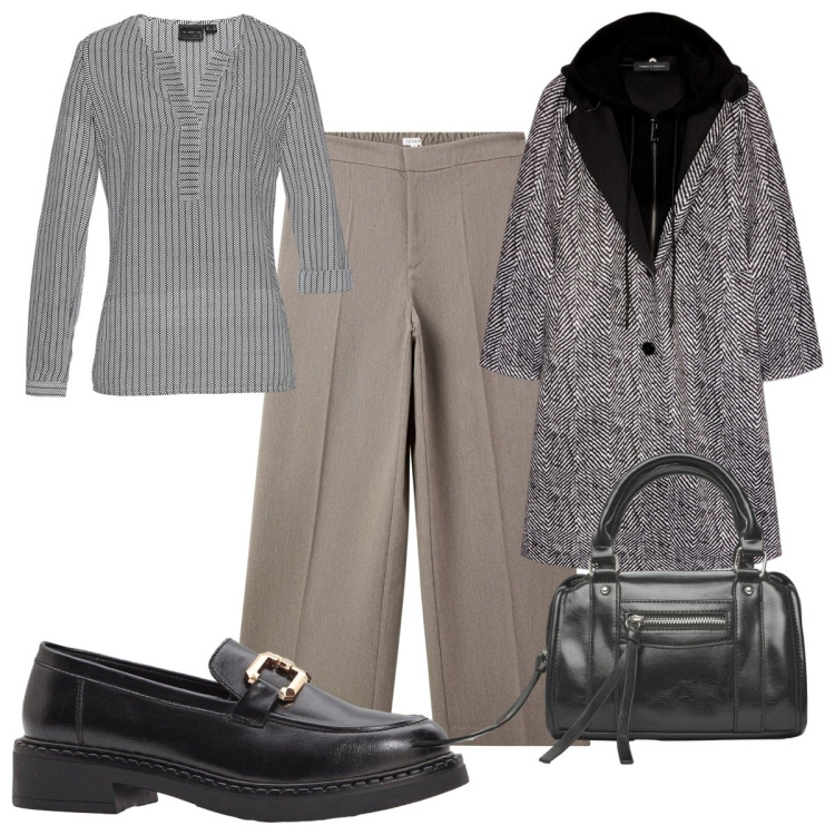 Outfit donna - Total look #2253665. Stile Mannish per Ufficio. Abbinamento con tuniche, mocassini, pantaloni, borse a mano, cappotti.