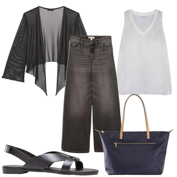 Outfit donna - Total look #2253668. Stile Trendy per Tutti i giorni. Abbinamento con sandali, shopping bag, jeans, top, bolero.
