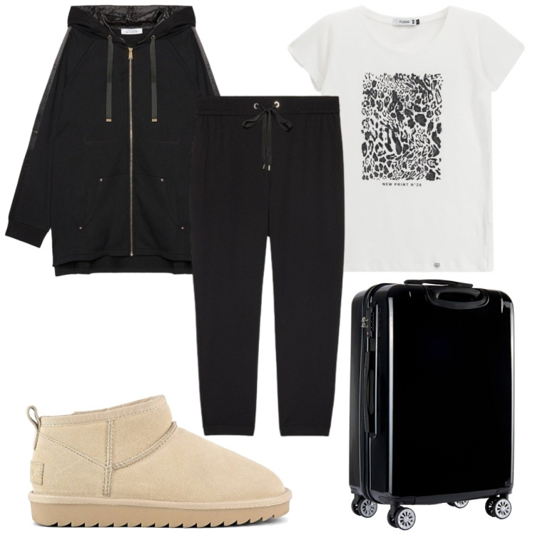 Outfit donna - Total look #2253669. Stile Trendy per Tutti i giorni. Abbinamento con t-shirt, valigie, stivali, pantaloni, felpe con cappuccio.