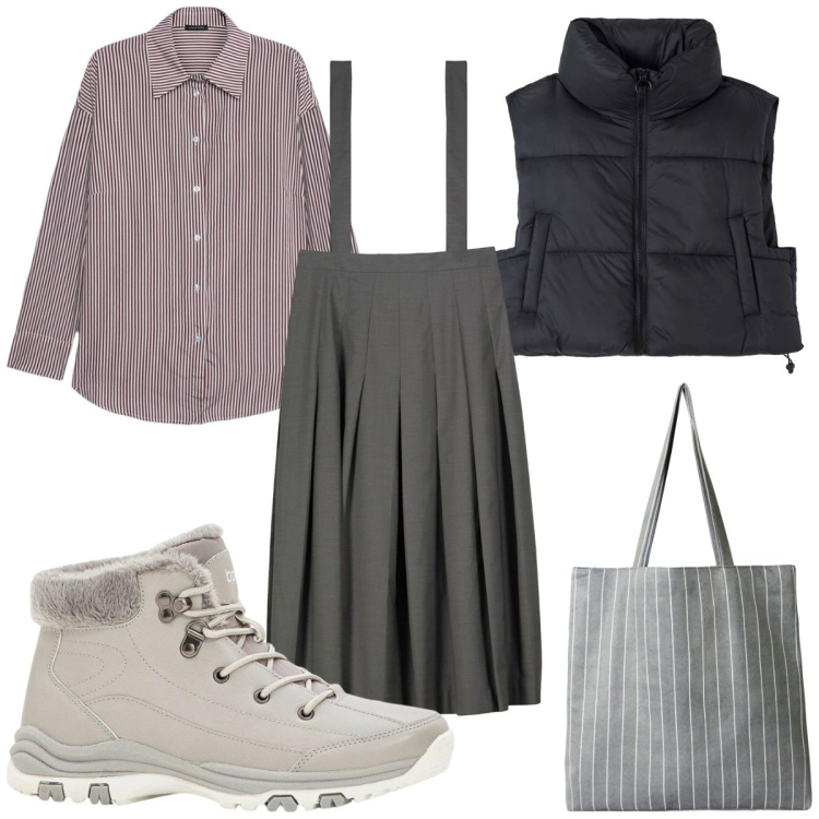 Outfit donna - Total look #2253671. Stile Trendy per Tutti i giorni. Abbinamento con stivaletti, shopping bag, piumini, gonne lunghe, camicie.