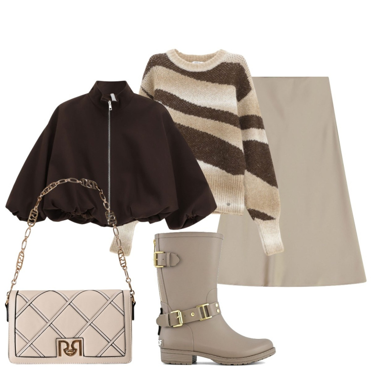 Outfit donna - In città. Stile Trendy per Tutti i giorni. Abbinamento con pullovers, borse a tracolla, gonne longuette, bomber, stivali.