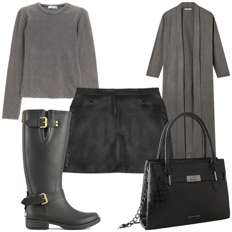 Outfit donna - Total look #2253673. Stile 70s per Tutti i giorni. Abbinamento con borse a mano, cardigans, maglieria, stivali, minigonne.