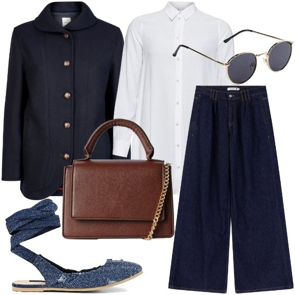 Outfit donna - saldi di metà stagione. Stile Casual chic per Tutti i giorni. Abbinamento con occhiali da sole, camicie, jeans, blazer, ballerine, borse a tracolla.