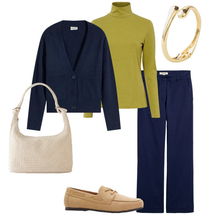 Outfit donna - Total look #2253677. Stile Casual chic per Ufficio. Abbinamento con maglieria, shopping bag, braccialetti, mocassini, pantaloni, cardigans.