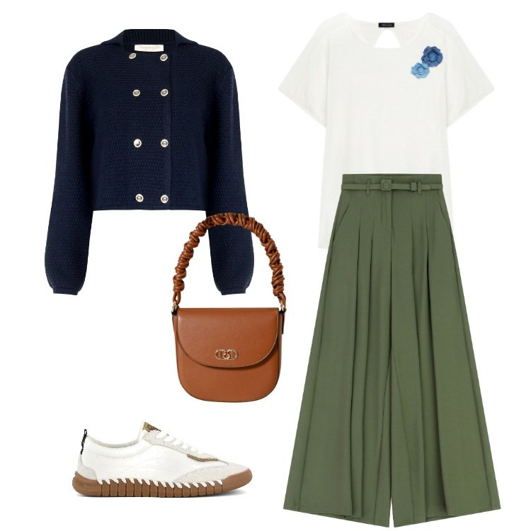 Outfit donna - Passeggiata in centro. Stile Basic per Tutti i giorni. Abbinamento con blazer, borse a mano, pantaloni a palazzo, t-shirt, sneakers.