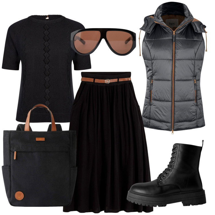 Outfit donna - Smanicato a settembre. Stile Casual per Tutti i giorni. Abbinamento con gonne lunghe, zaini, gilet, anfibi, occhiali da sole, maglieria.