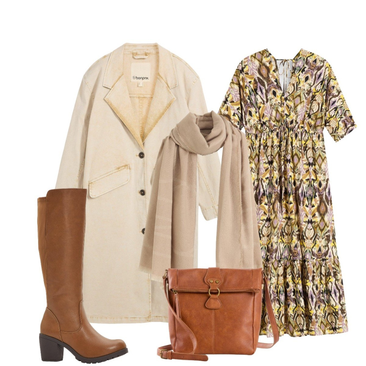 Outfit donna - Bonprix per l’ufficio. Stile Bon Ton per Ufficio. Abbinamento con vestito jersey, stivali, trench, sciarpe, borse a tracolla.