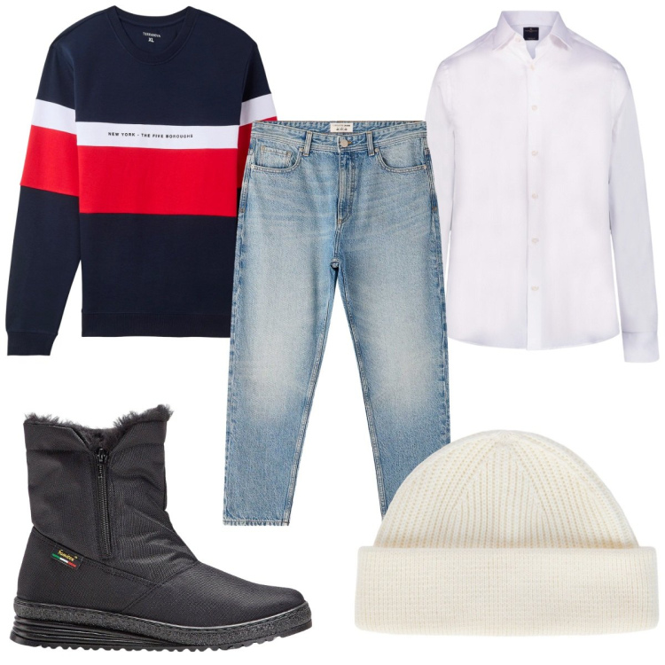 Outfit uomo - Total look #2253684. Stile Casual per Tutti i giorni. Abbinamento con stivali e stivaletti, felpe con cappuccio, jeans dritti, camicie, berretti.