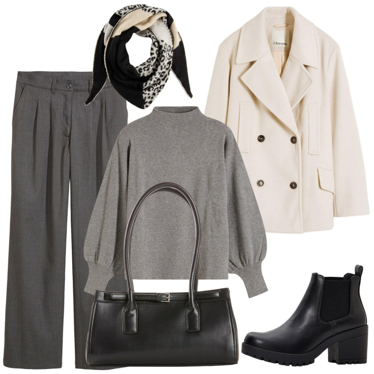 Outfit donna - Minimal chic. Stile Minimal per Ufficio. Abbinamento con stivaletti chelsea, maglieria, borse a mano, caban, foulard, pantaloni a palazzo.