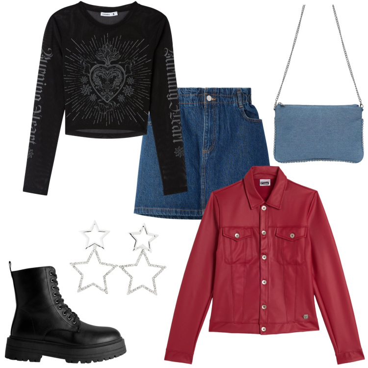 Outfit donna - Bantoa - Fall Mid Season Sale. Stile Sporty chic per Scuola/Università. Abbinamento con t-shirt, borse a tracolla, minigonne, orecchini, anfibi, giacche.