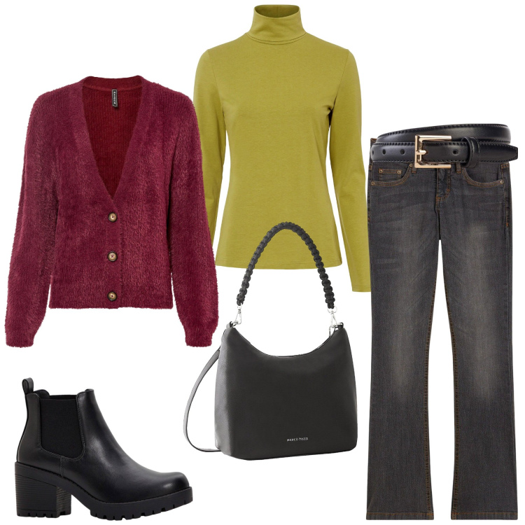 Outfit donna - bonprix - Neutral by Nature. Stile Sporty chic per Scuola/Università. Abbinamento con jeans bootcut, cardigans, maglieria, stivaletti chelsea, borse a mano, cinture.