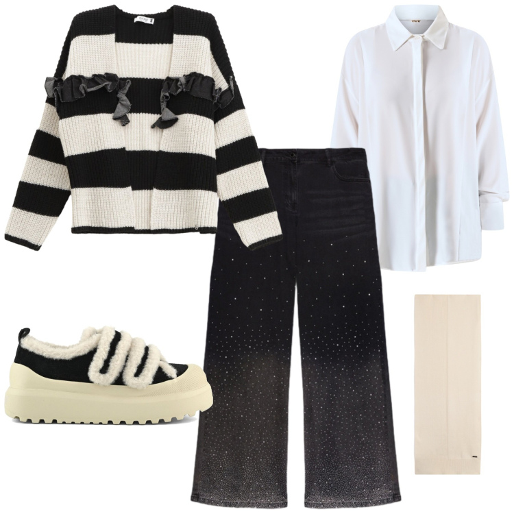 Outfit donna - Total look #2253692. Stile Basic per Tutti i giorni. Abbinamento con camicie, cardigans, sciarpe, sneakers, jeans.