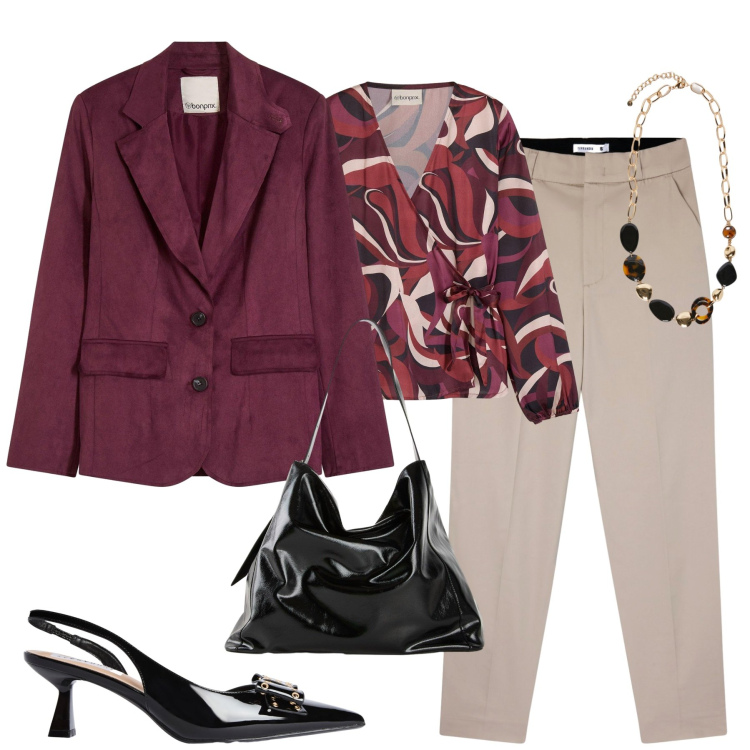 Outfit donna - Early fall. Stile Urban per Tutti i giorni. Abbinamento con camicie, blazer, shopping bag, pantaloni chino, décolleté, collane.