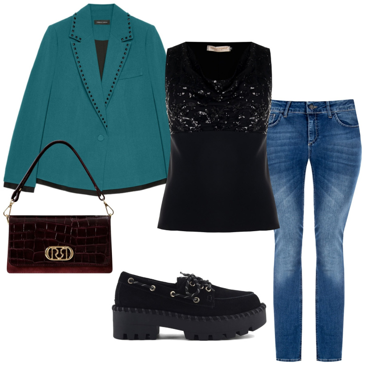 Outfit donna - Total look #2253695. Stile Casual chic per Tutti i giorni. Abbinamento con top, jeans skinny, borse a mano, blazer, mocassini.