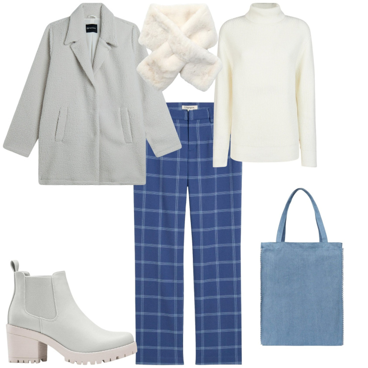 Outfit donna - Total look #2253700. Stile Trendy per Ufficio. Abbinamento con stivaletti chelsea, pantaloni chino, borse tote, sciarpe, cappotti, maglieria.
