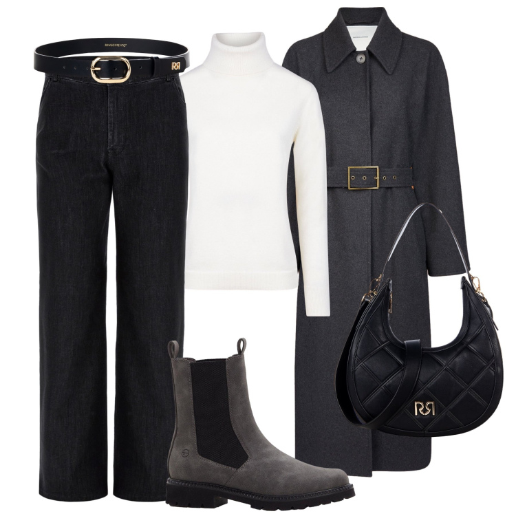 Outfit donna - Autunno freddo in saldo. Stile Sporty chic per Tutti i giorni. Abbinamento con stivaletti chelsea, borse a tracolla, cinture, jeans, cappotti, maglieria.