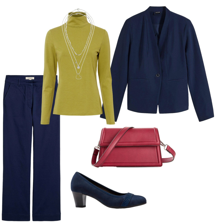 Outfit donna - Bonprix. per Tutti i giorni. Abbinamento con décolleté, maglieria, collane, blazer, borse a tracolla, pantaloni.