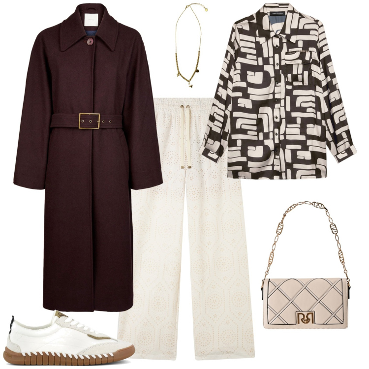 Outfit donna - Total look #2253708. Stile Trendy per Tutti i giorni. Abbinamento con borse a tracolla, pantaloni, ciondoli, camicie, sneakers, cappotti.