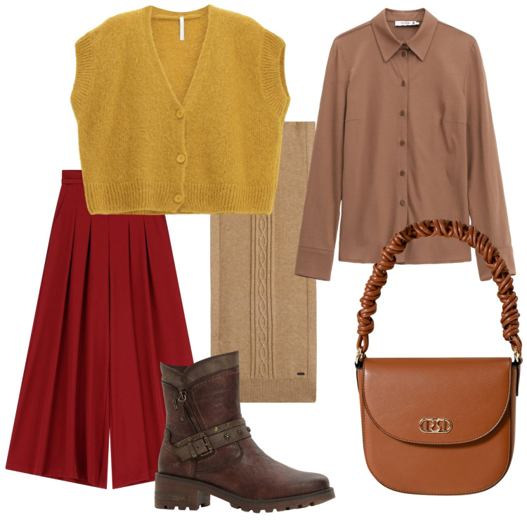 Outfit donna - I colori dell\'autunno. Stile Casual per Ufficio. Abbinamento con stivaletti, borse a mano, camicie, pantaloni a palazzo, cardigans, sciarpe.