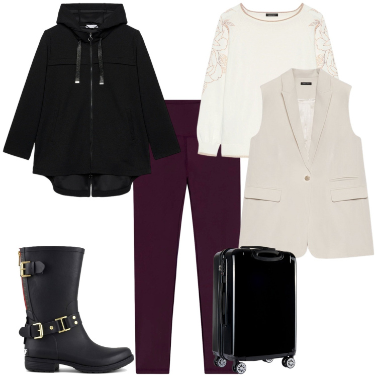 Outfit donna - In Viaggio comoda con stile. Stile Casual chic per Tutti i giorni. Abbinamento con valigie, leggings, maglieria, parka, gilet, stivali.