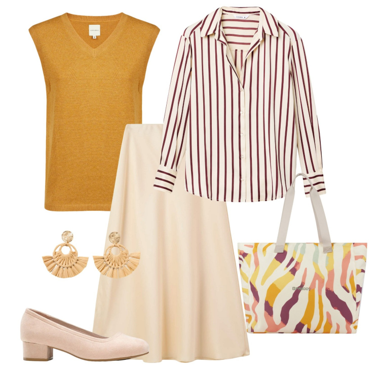 Outfit donna - Total look #2253715. Stile Casual chic per Ufficio. Abbinamento con décolleté, orecchini, gonne lunghe, camicie, shopping bag, maglieria.