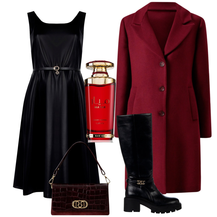 Outfit donna - Serata magica. per Serata fuori. Abbinamento con profumi, vestiti midi/longuette, stivali sopra il ginocchio, cappotti, borse a mano.