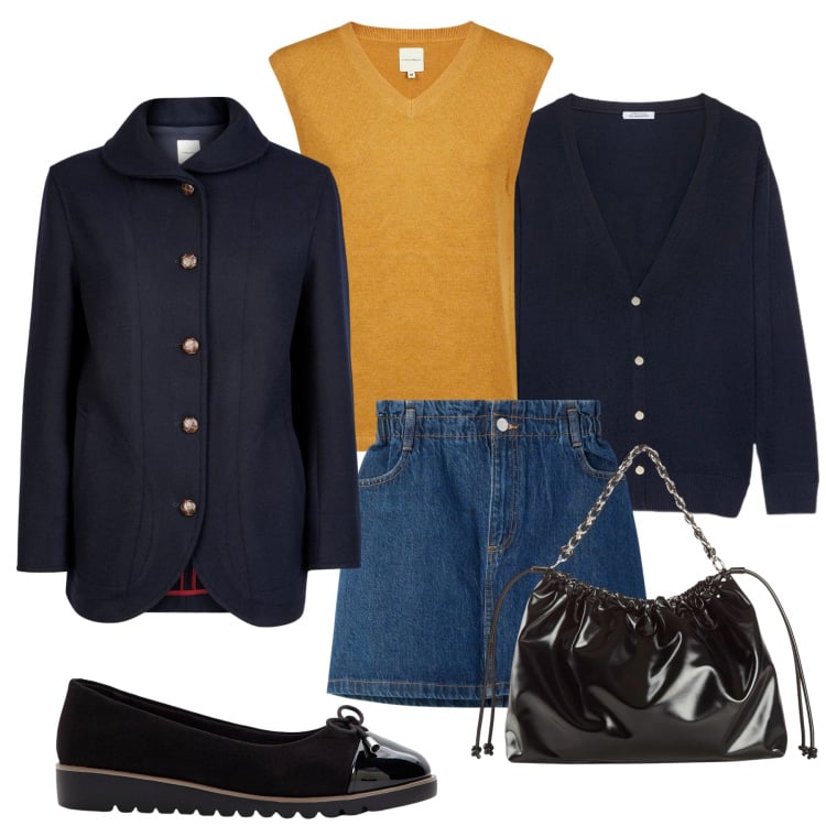 Outfit donna - Total look #2253720. Stile Minimal per Tutti i giorni. Abbinamento con ballerine, shopping bag, minigonne, cardigans, blazer, maglieria.