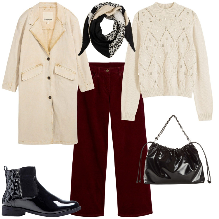 Outfit donna - Total look #2253721. Stile Casual chic per Tutti i giorni. Abbinamento con maglieria, trench, stivaletti, pantaloni, shopping bag, foulard.