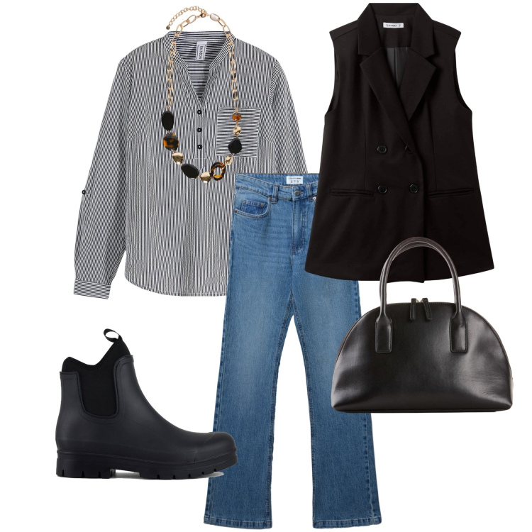 Outfit donna - Total look #2253723. Stile Casual per Ufficio. Abbinamento con tuniche, shopping bag, gilet, jeans bootcut, stivali, collane.