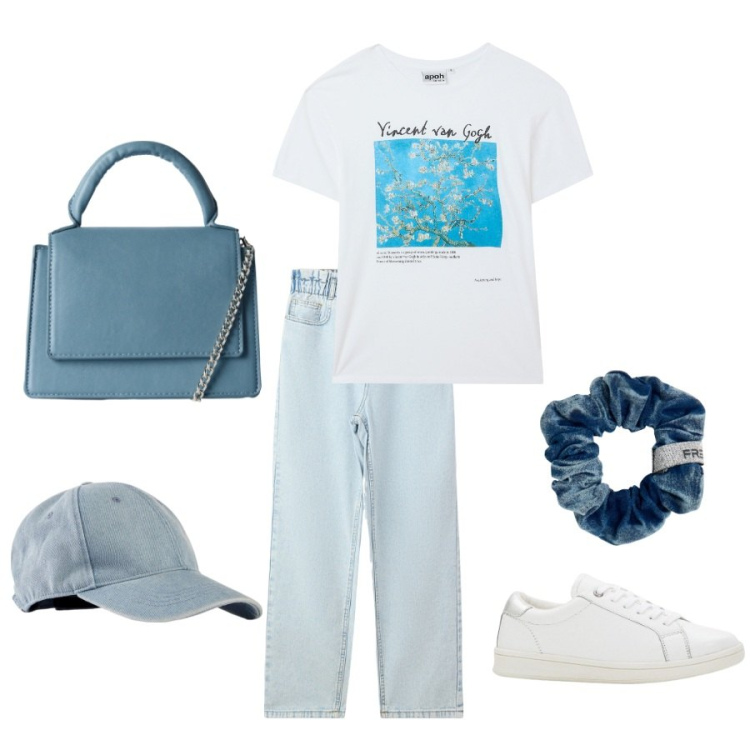 Outfit donna - Blue outfit. Stile Casual per Tutti i giorni. Abbinamento con sneakers, cappelli con visiera, t-shirt, borse a tracolla, jeans, accessori per capelli.