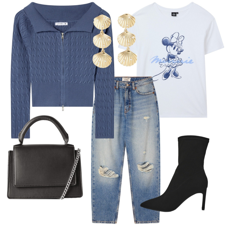 Outfit donna - Total look #2253732. Stile Sporty chic per Ufficio. Abbinamento con jeans mom, cardigans, t-shirt, stivali, orecchini, borse a tracolla.