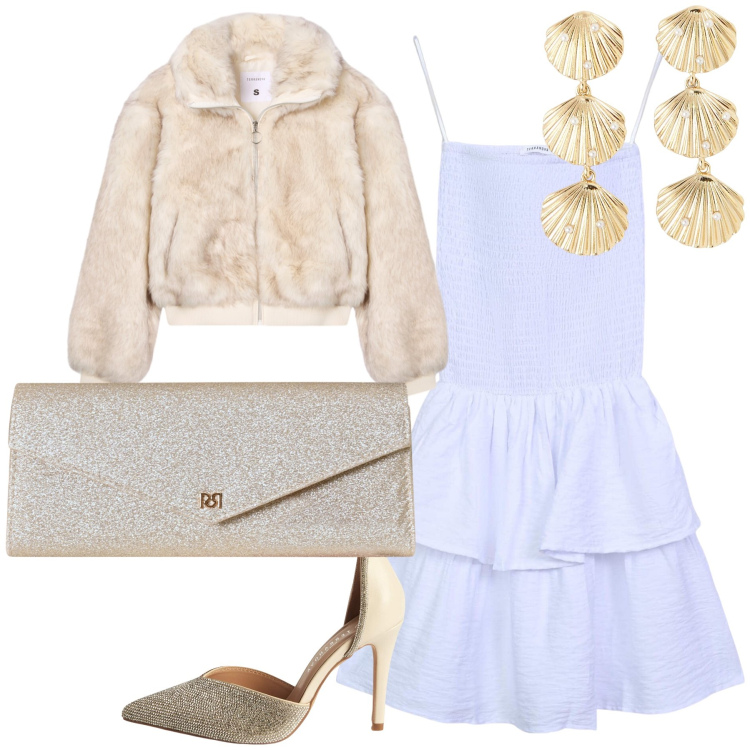 Outfit donna - Serata al mare nella stagione fredda. Stile Romantica per Serata fuori. Abbinamento con orecchini, décolleté, vestiti corti, ecopellicce, pochette.