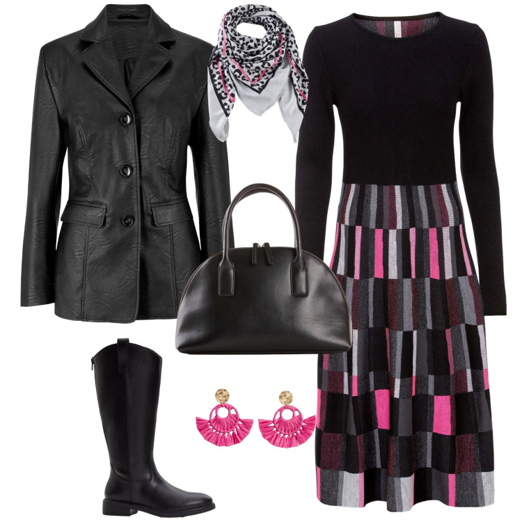 Outfit donna - Total look #2253739. Stile Minimal per Tutti i giorni. Abbinamento con blazer, stivali, vestiti, foulard, orecchini, shopping bag.