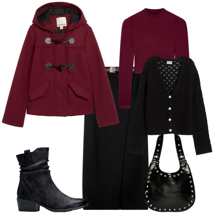 Outfit donna - Total look #2253744. Stile Casual chic per Tutti i giorni. Abbinamento con montgomery, stivaletti texani, cardigans, gonne lunghe, t-shirt, borse a spalla.