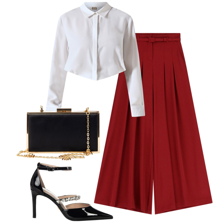 Outfit donna - Serata in pantaloni. Stile Chic per Serata fuori. Abbinamento con camicie, pochette, décolleté, pantaloni a palazzo.