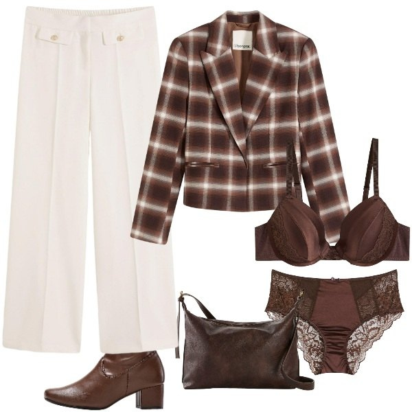 Outfit donna - giacca a quadri. Stile Casual per Tutti i giorni. Abbinamento con stivali, pantaloni, blazer, borse a tracolla, reggiseni, culotte.